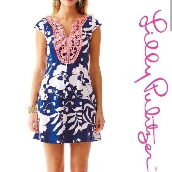 Lilly Pulitzer Briella Fit and Flare A line Floral Palm Beach dress Bright Navy - Picture 14 of 15
